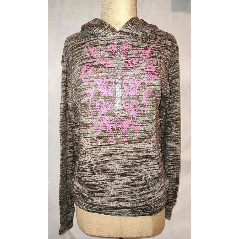 Cowgirl Hardware size Small Sweater/hoodie. Brown, pink w studded cross.